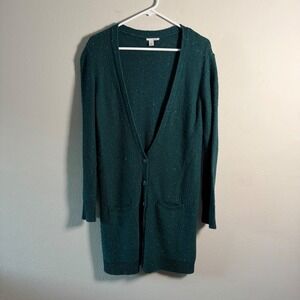 Halogen Womens Teal Green Speckled Longline Button Front Cardigan Sweater Small